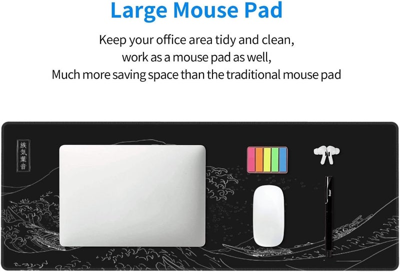 Brecoy Japanese Gaming Mouse Pad Black Mouse Pad Kanagawa Large Mousepad Non-Slip Rubber Base Waterproof with Stitched Edges for Gaming Office Home, 31.5x11.8 Inch (Black Wave) - Image 4